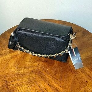 ISADORA Leather Rectangle Crossbody Flap Over Bag, Black NWT
